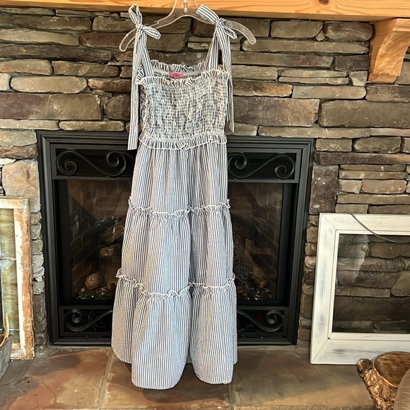 Simply Southern Smocked Striped Seersucker Tie Shoulder Midi Dress Size Small - Picture 3 of 10
